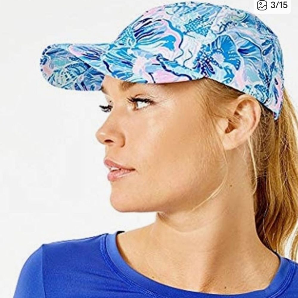 Lilly Pulitzer Run Around Hat Shade Seekers Saltwater Blue Pink Coral Print